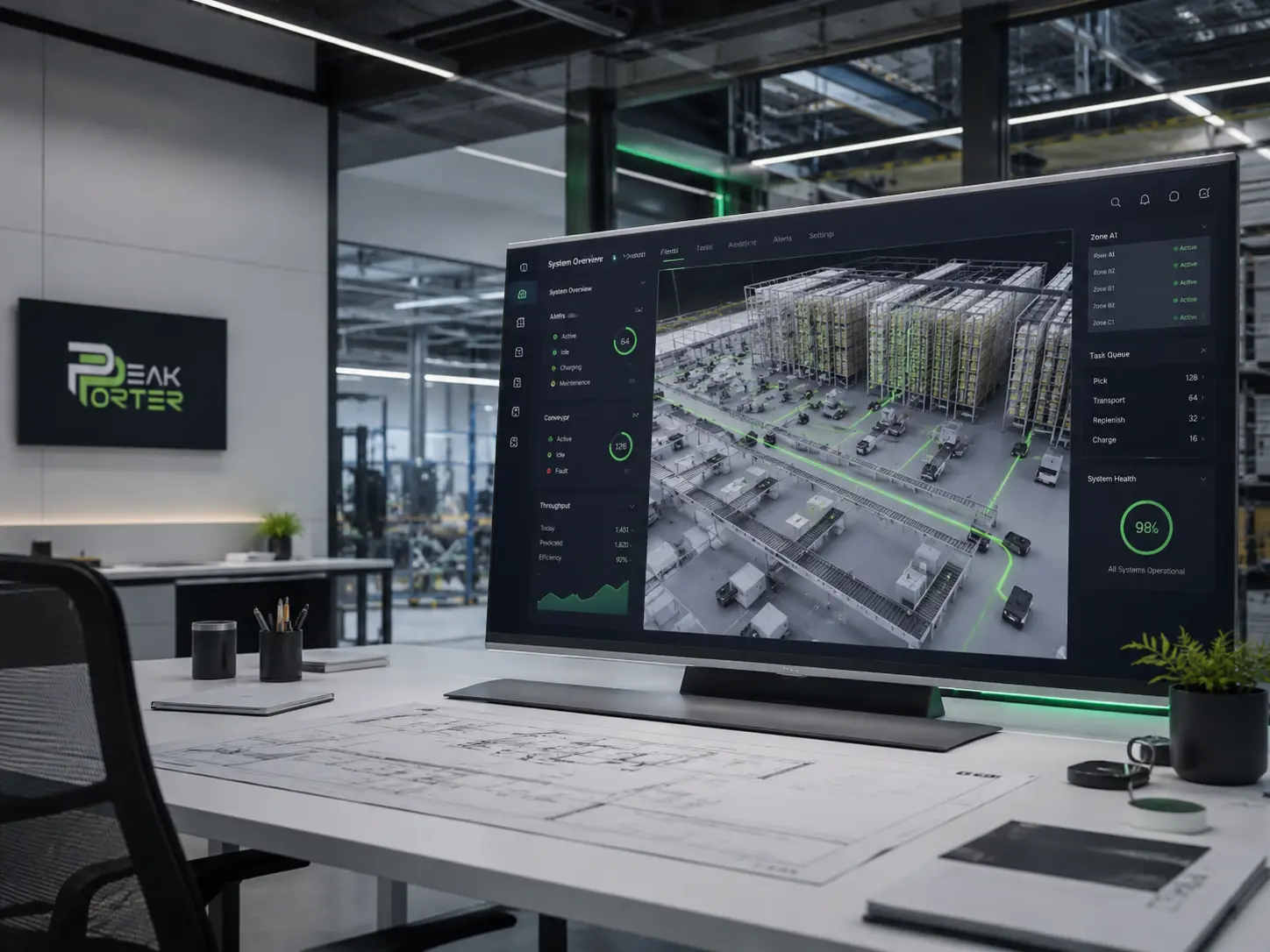 Stanowisko projektowe automatyki magazynowej z wizualizacją magazynu i rozwiązaniami partnera technologicznego Peak Porter
