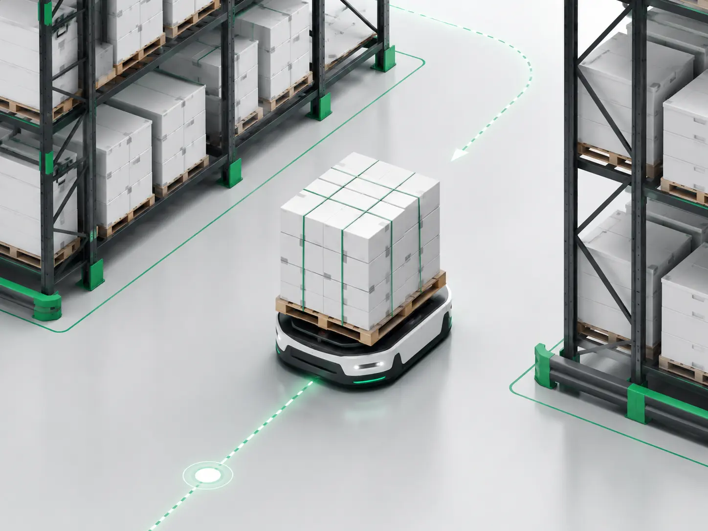 Robot AMR transportujący paletę między regałami magazynowymi