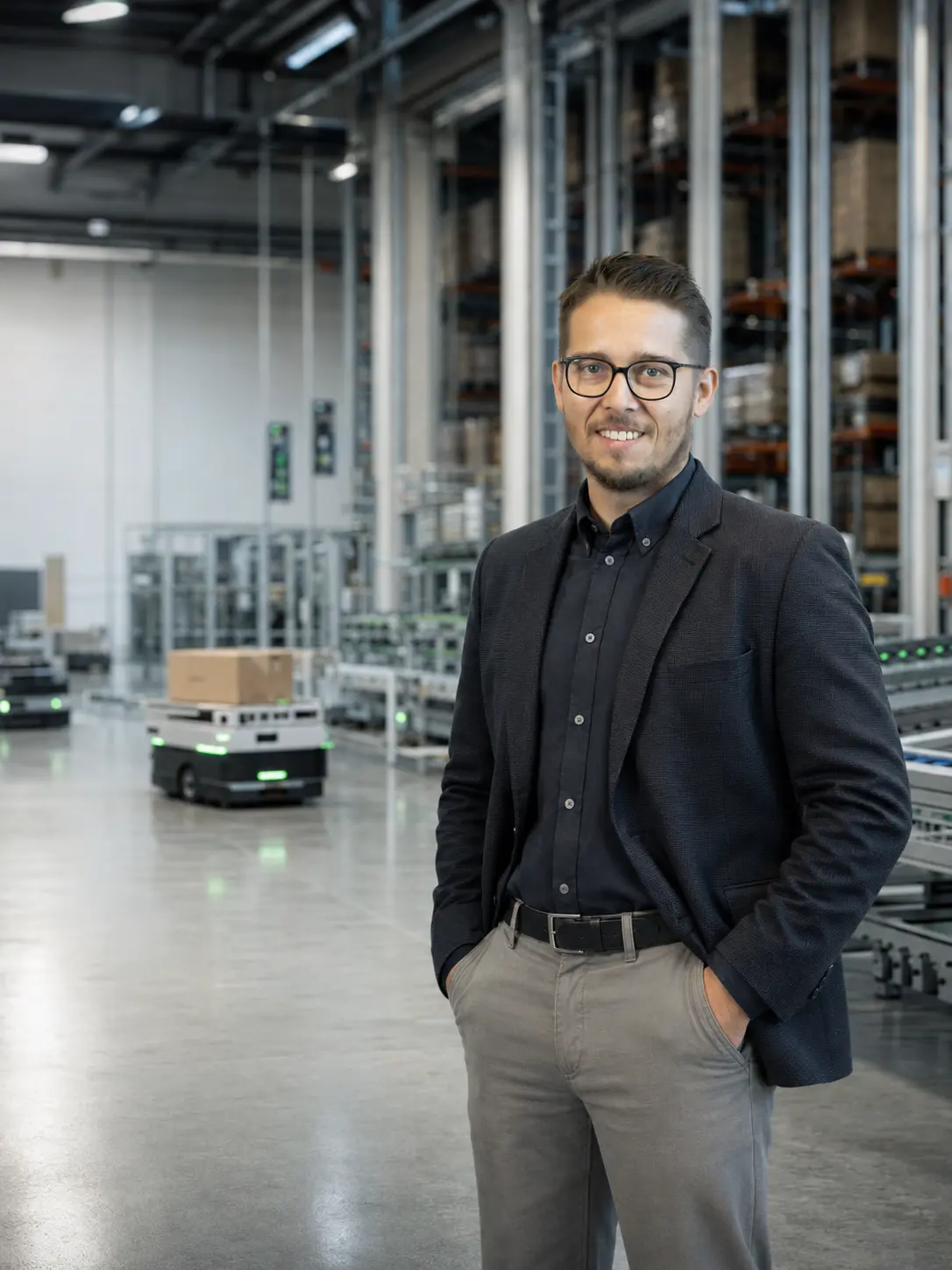 Tomasz Bednarczyk w nowoczesnym magazynie z rozwiązaniami automatyki magazynowej