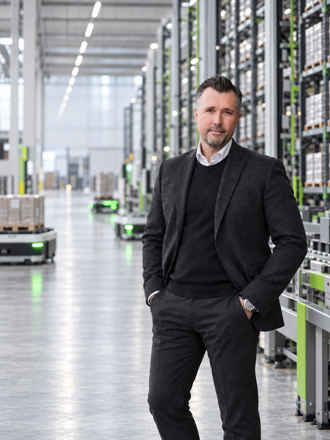 Tomasz Bednarczyk w nowoczesnym magazynie z rozwiązaniami automatyki magazynowej